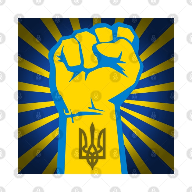 Peace for Ukraine! I Stand With Ukraine. Powerful Freedom, Fist in Ukraine's National Colors of Blue and Gold (Yellow) and Ukraine's Coat of Arms on the Wrist with Blue and Gold (Yellow) Sunburst by Puff Sumo