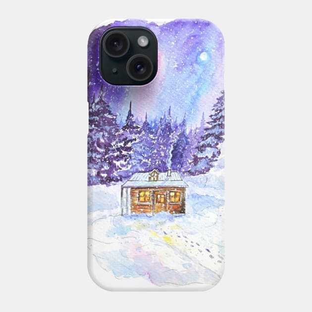 Snowy Night: Watercolor Winter Landscape with Cozy Cottage Phone Case by Wolshebnaja