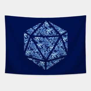 Delft Blue Gradient Rose Vintage Pattern Silhouette D20 - Subtle Dungeons and Dragons Design Tapestry