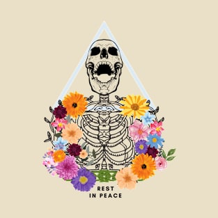 Rest in Peace Laughing Skeleton Adorned with Flowers T-Shirt