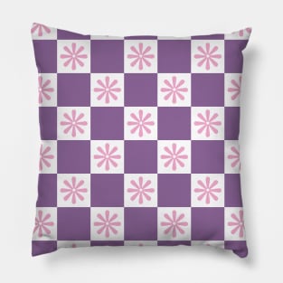 Retro Purple, Pink Checkered Floral Pattern Pillow