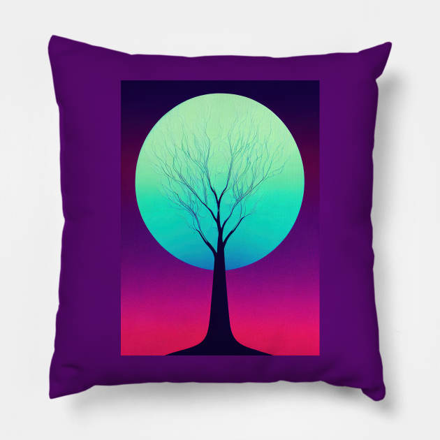 Lonely Tree Under a Blue Full Moon -Vibrant Colored Whimsical - Abstract Minimalist Bright Colorful Nature Poster Art of a Leafless Branches Pillow by JensenArtCo