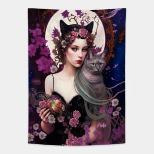 Spellbinding Art of a Beautiful Witch and her Cat is just Enchanting. Tapestry