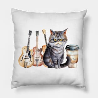 Funny Guitar Grumpy Cat Coffee Retro Cute Watercolor Pillow