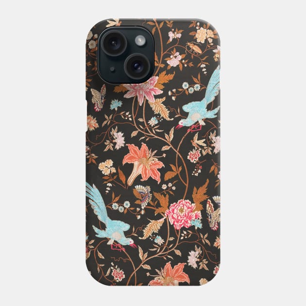 BLUE BIRDS,POMEGRANATE FLOWERS AND BUTTERFLIES Antique Red Brown Floral Pattern Phone Case by BulganLumini