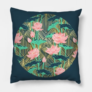 Art Deco Lotus Flowers in Peach & Emerald Pillow