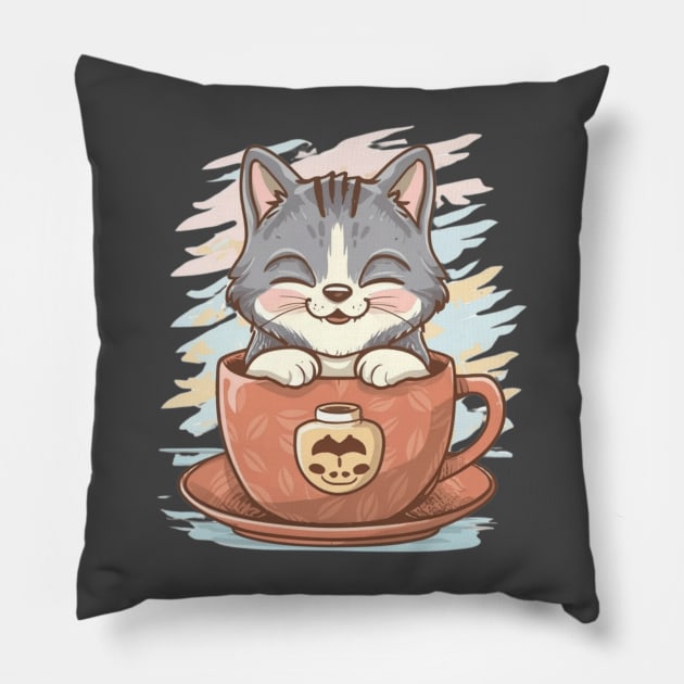 A grinning cat sipping coffee from a stylish mug Pillow by designe stor 