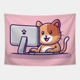 Cute Cat Operating Computer Tapestry