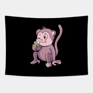 Cute Monkey Eating Yellow Banana Tapestry