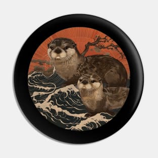 Otter with Baby Ukiyo Japanese Style Pin