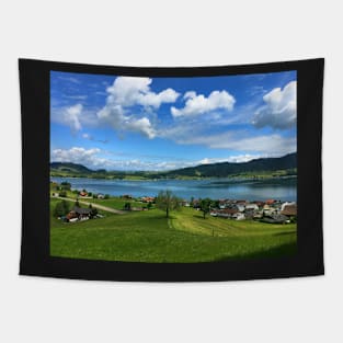 View on a lake and village in Switzerland Tapestry