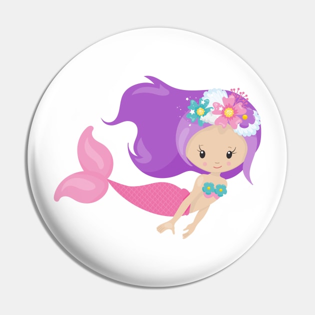 Cute Mermaid, Little Mermaid, Flowers, Purple Hair Pin by Jelena Dunčević