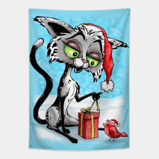 Happy Cat and Bird with Christmas Gift Tapestry