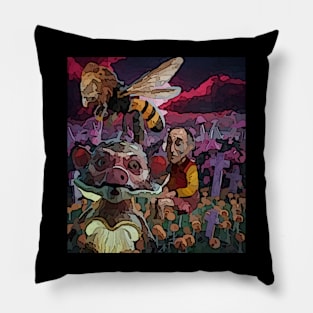 watercolor lion bee with strange mushroom creature Pillow