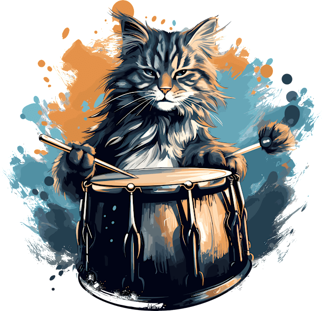 Maine Coon Cat Playing Drums Kids T-Shirt by Graceful Designs