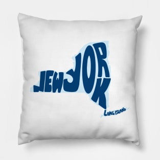 New York Map Outline Bubble Letters- blue Pillow