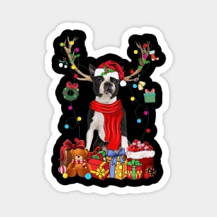 Black Boston Terrier Reindeer Santa Christmas Color Lights Magnet