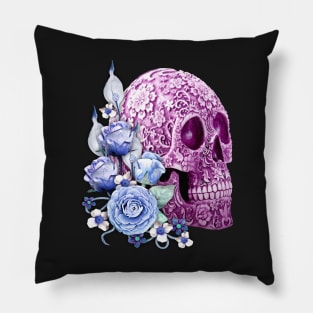 Purple Floral Sugar Skull Day Of The Dead Blue Flowers Pillow