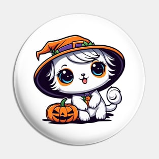 Cut cat wearing a witches hat and with cute pumpkin Pin