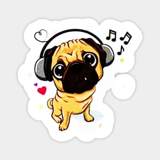 Sweet Pug Dog With Music Headphones Magnet