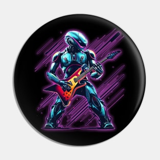 A Heavy Metal Rock and Roll Robot Plays Lead Guitar with Purple Laser Background Pin