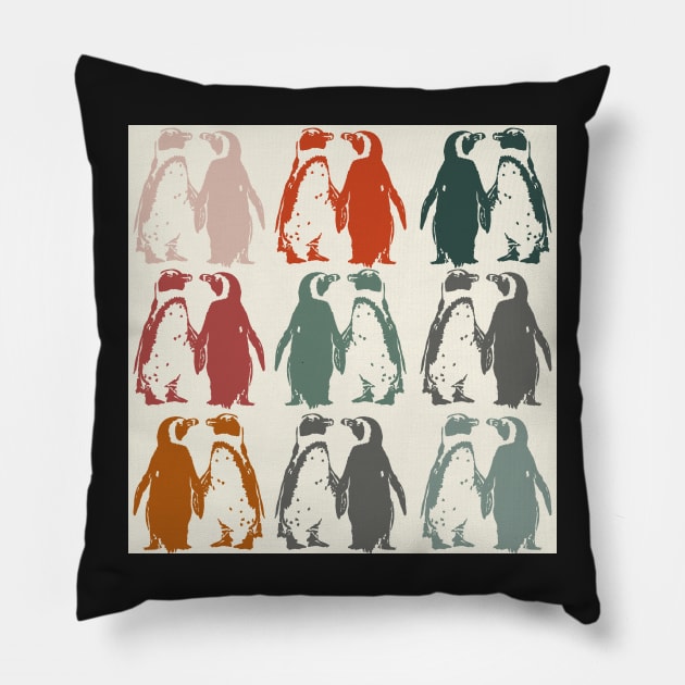 Colourful penguins in vintage colours Pillow by NattyDesigns