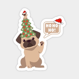 Cartoon Pug Dog with Christmas Tree on its Head Magnet