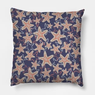 Seastar starfish pattern. Coral brown light blue sea stars on a dark blue background. Layered style. Pillow