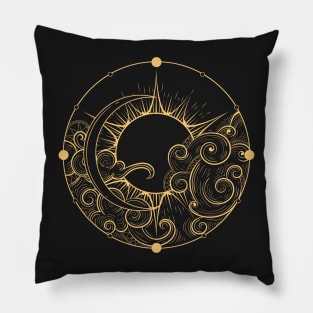 Hand Drawn Golden Sun and Moon with Cloud Esoteric Symbol. Pillow