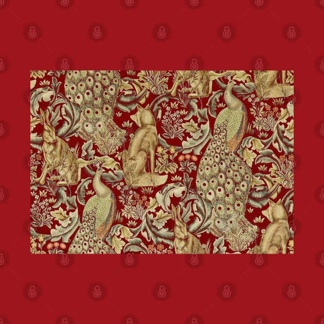 FOREST ANIMALS , PEACOCKS , FOX AND HARE IN RED by BulganLumini