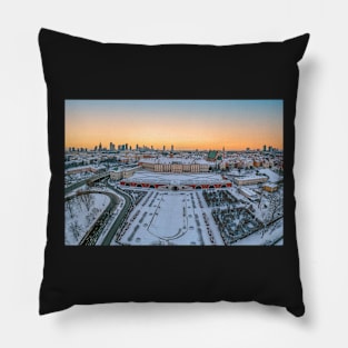 Warsaw Royal Castle, snow-covered roofs and and distant city center at dusk Pillow