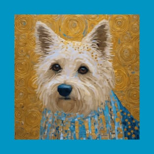 Gustav Klimt Style White Dog with Geometric Blue Garment T-Shirt