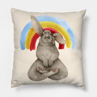 meditating bunny with rainbow Pillow