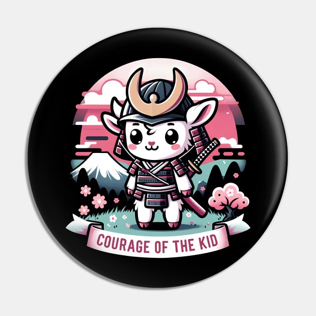 Kawaii Samurai Animal Lamb Warrior with Katana Cute in front of Fuji Mount Blossom Pin by EmuftyDesign