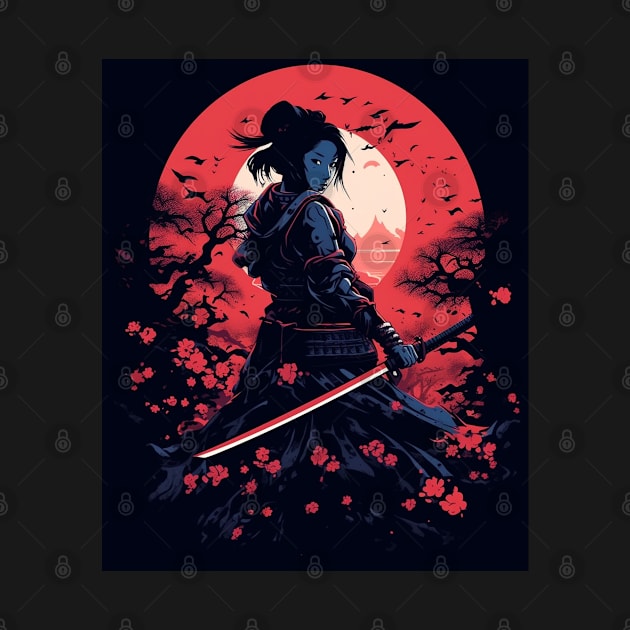 Japanese Ninja Geisha Samurai Anime Girl Katana Aesthetic Cherry Blossom by LARFADASTRO