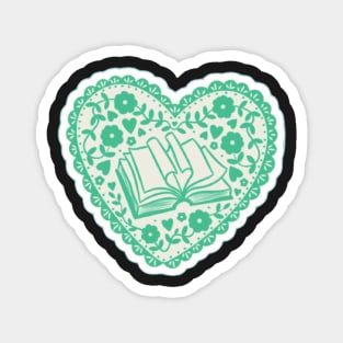 Sea Green Book in a Heart with Flowers Magnet