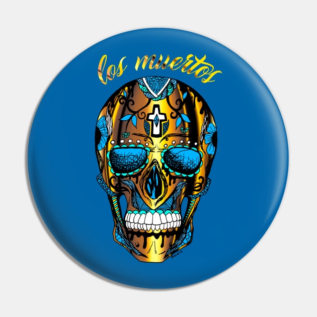 Los Muertos Sugar Skull - Gold and Blue Edition Pin by kenallouis