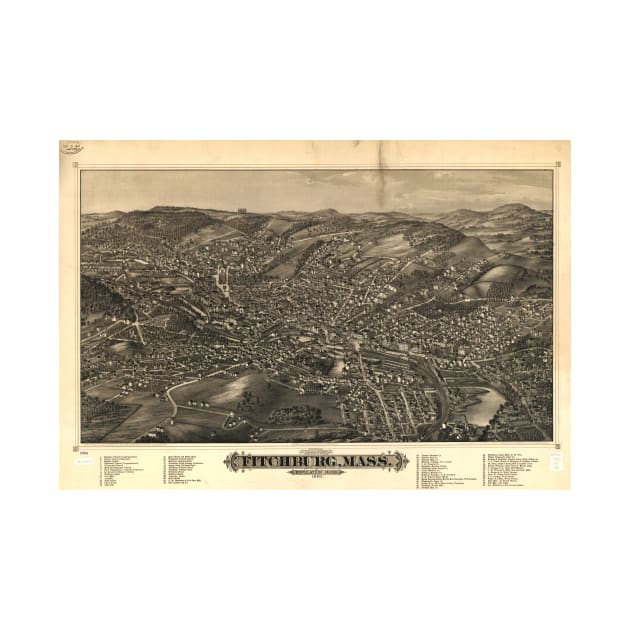 Vintage Pictorial Map of Fitchburg MA (1882) by Bravuramedia