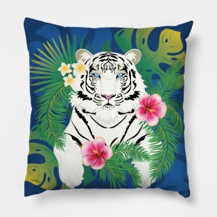 White tiger with tropical leaves Pillow