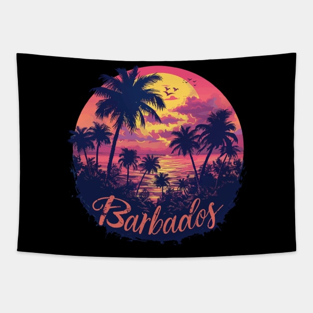 Barbados Sunset (with Orange Lettering) Tapestry by VelvetRoom