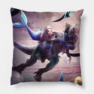 Cute Funny Mermaid Riding Dinosaur Pillow
