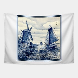 Dutch Blue Delft Windmills and Sailboat Tapestry