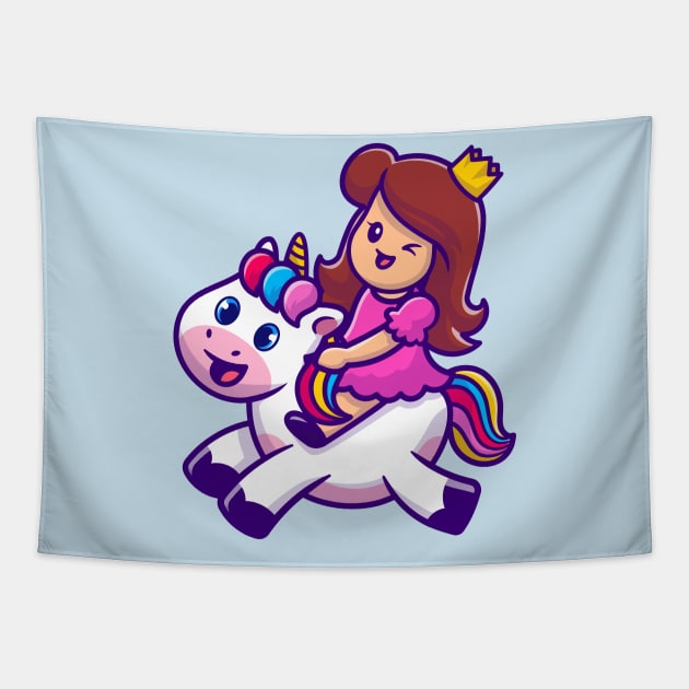 Cute Princess With Unicorn Cartoon Vector Icon Illustration Tapestry by Catalyst Labs