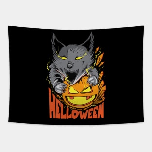 halloween wolf pumpkin illustration Tapestry