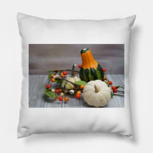 Fall background of Pumpkins and fall decor with copy space Pillow