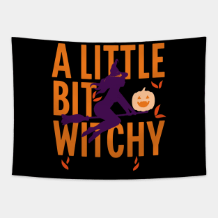A little bit witchy; Halloween; witch; broom; pumpkin; witchcraft; magic; magical; Autumn; orange; purple; black; trick or treat; party; witch's hat; Tapestry