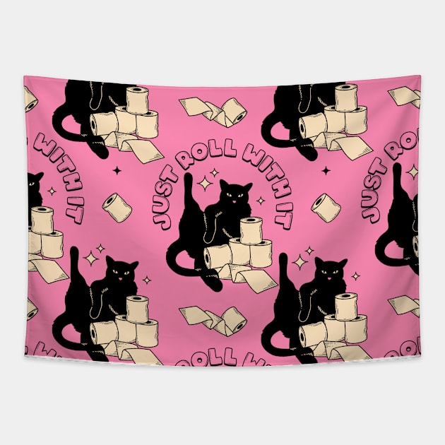 Roll with it Black Cat Pattern in pink Tapestry by The Charcoal Cat Co.