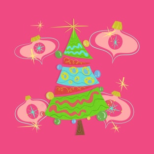 Christmas Tree with Pink Ornaments Vintage MCM Cartoon style T-Shirt