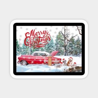 Red Car, Cats and Dogs Merry Christmas with Snowflakes Magnet