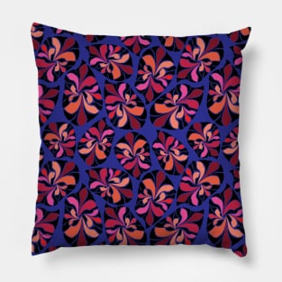 African inspired abstract leaves. Orange, pink, coral, red, peach and black leaves on a vivid blue background. Pillow